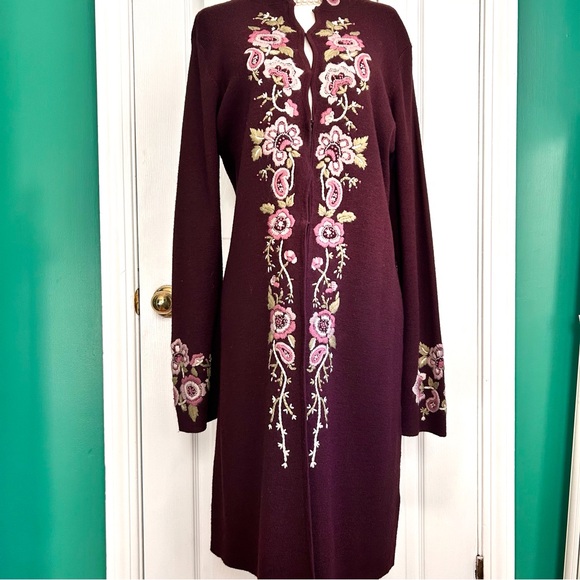 Long Maroon Wool Blend Cardigan with Embroidered Flowers at trim Small - Picture 10 of 11
